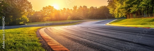 Outdoors Road. Wide Empty Race Track Cutting Through Green Forest at Sunset