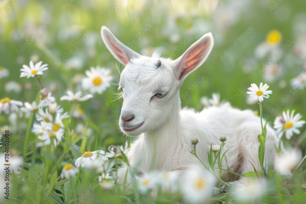 White baby goat on green grass with flowers White baby goat on green grass with flowers