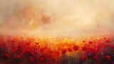 Abstract Oil painting, poppy field haze, warm oranges and reds, evening, panoramic view, soft focus.