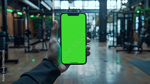 Wallpaper Mural man's hand holding smartphone with green screen at the gym, fitness app mockup, put your design Torontodigital.ca