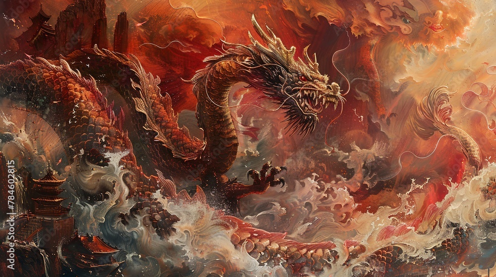 Obraz premium Oil paint, Chinese dragons, imperial reds, twilight, panoramic angle, dynamic flow.