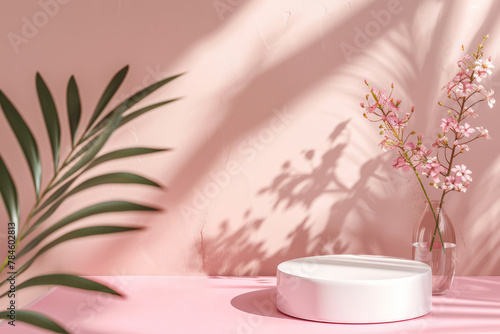 Empty podium for promotion on pink background. Beauty product mockup. AI generated
