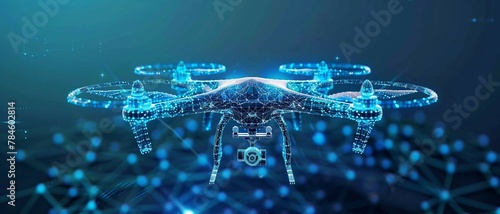 smart blue digital  hologram drone with camera , ai in aerial surveillance systems, autonomous flight navigation, remote sensing technologies, and disaster response coordination.
