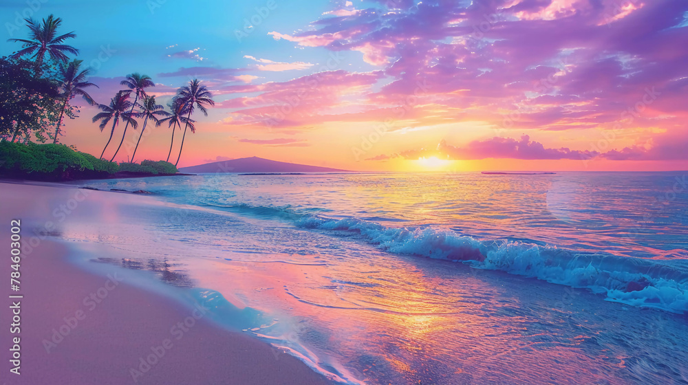 Beautiful twilight Sunset beach with silky wave ,white sand and tropical plant.