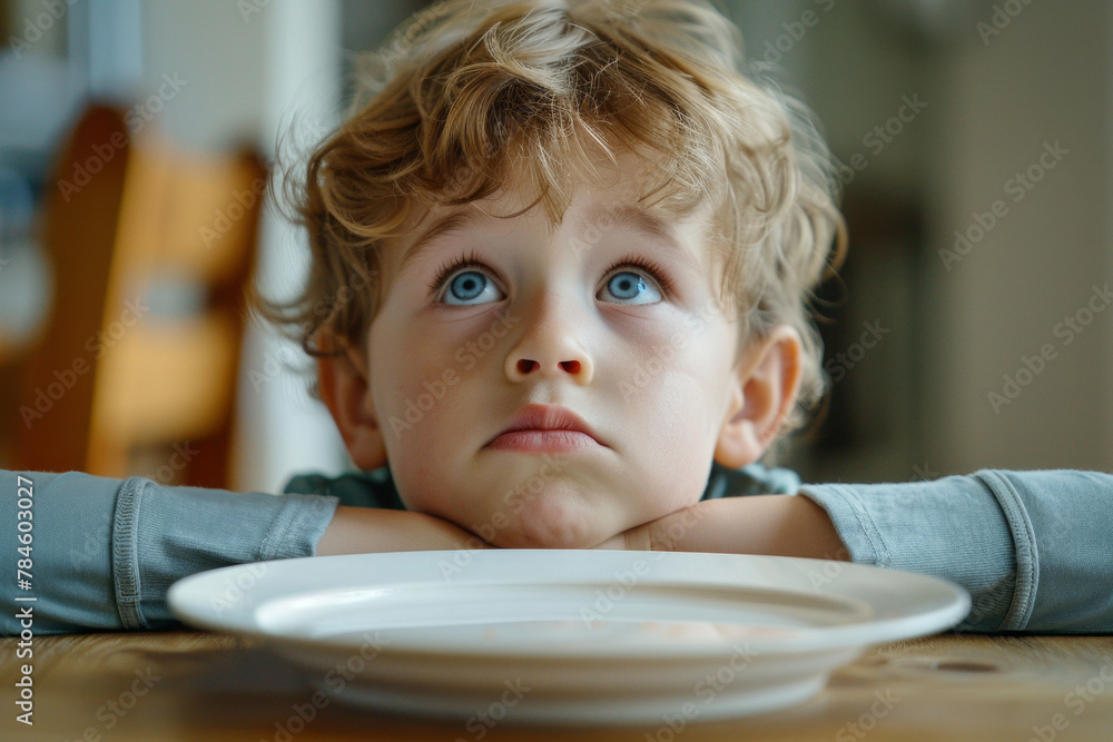 A little boy with a pouting face sitting at the dining table, empty plate in front him. AI generated A little boy with a pouting face sitting at the dining table, empty plate in front him. AI generated