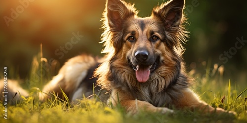 young dog in the spring on a green lawn in the sun