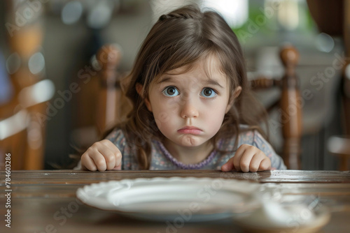 A little girl with a pouting face sitting at the dining table, empty plate in front her. AI generated