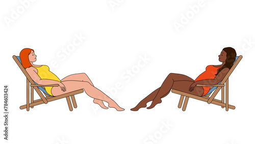 Two young girls in bright swimsuits sunbathe on sun loungers. Tanning concept, Beautiful skin. Summer vector illustration isolated on white background in flat style.