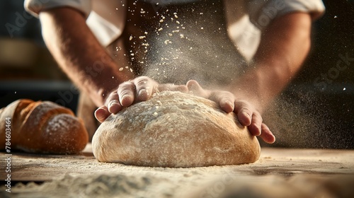baker kneads dough on a floured surface, preparing it for baking fresh bread photo