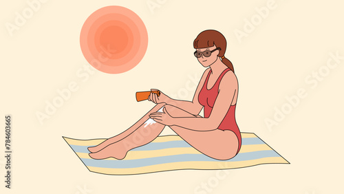 Girl in a swimsuit and sunglasses with sunscreen on the beach. A woman applies sun cream to her legs for a safe tan. Vector illustration isolated on yellow background in flat style