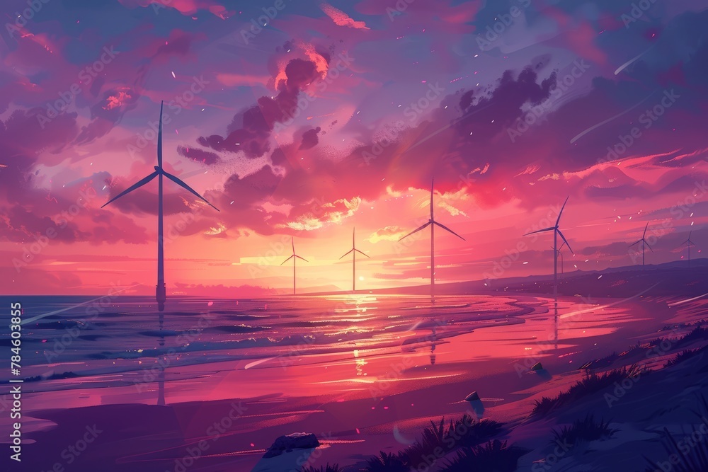wind turbines standing tall on a windy coast at sunset, Seashore with wind turbines at dusk, waves gently lapping against the shore, under a sky ablaze with sunset colors, evoking serenity - obrazy, fototapety, plakaty 