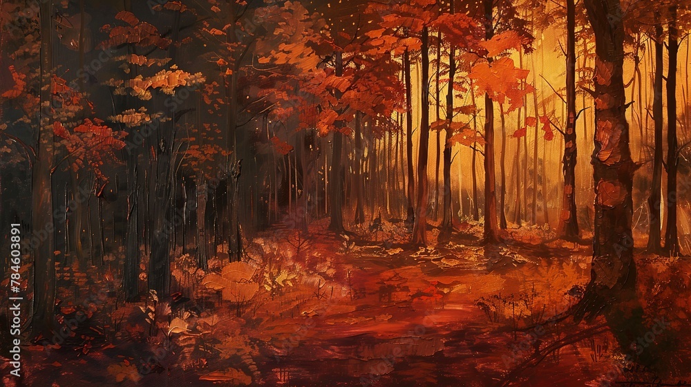 Oil painting, autumn forest, rich oranges and reds, twilight, panoramic, leaf detail.