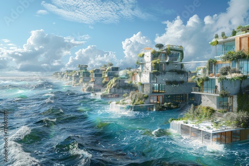 Futuristic Conceptual coastal community sustained by wave and tidal energy, Tiered seaside eco-homes brave rough seas; sun breaks through clouds, casting dynamic light on verdant architecture, photo