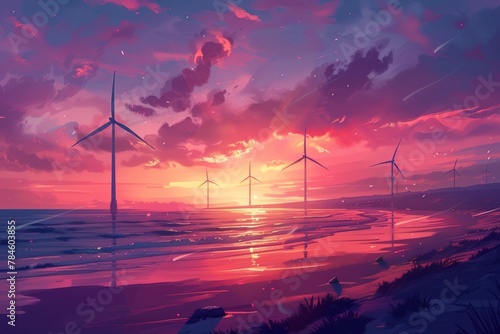 wind turbines standing tall on a windy coast at sunset, Seashore with wind turbines at dusk, waves gently lapping against the shore, under a sky ablaze with sunset colors, evoking serenity