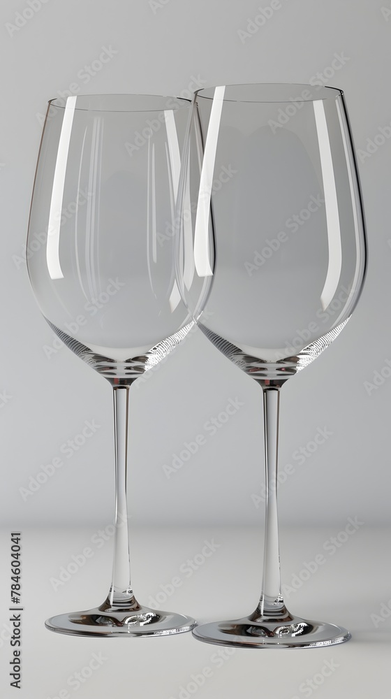 Elegant Crystal Wine Glasses with Transparent and Reflective Surfaces Against White Background
