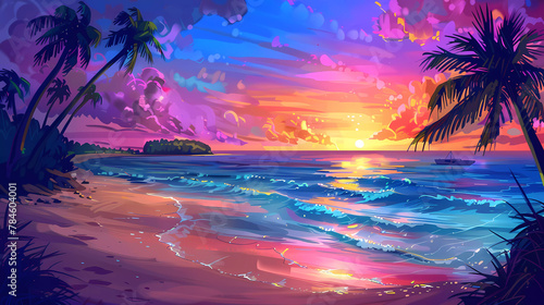 Beautiful Sunset beach with twilight sky ,white sand ,tropical plant,summer background.vector illustration.