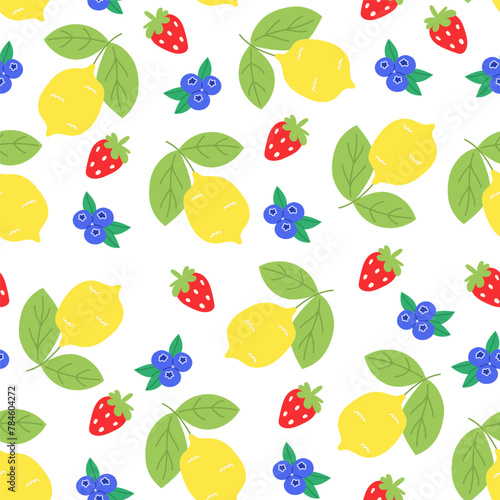 Seamless pattern with a strawberry, lemon, blueberry