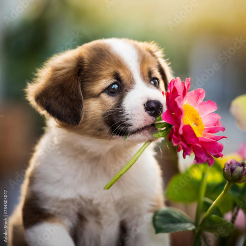꽃을 물고 있는 귀여운 강아지
