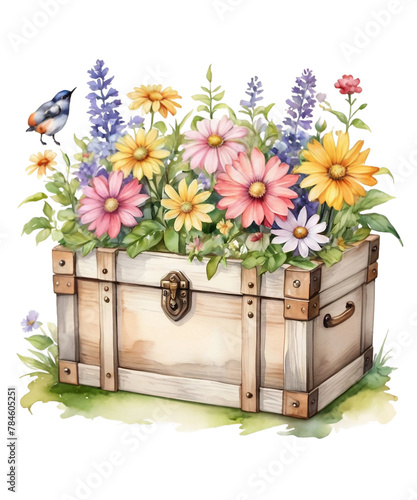 Watercolor Floral Wooden Box Clipart PNG.