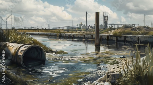 Illustrate the stark reality of environmental damage caused by industrial activities. Depict a scene where a factory wastewater discharge pipe releases pollutants into a once pristine canal and sea.  photo