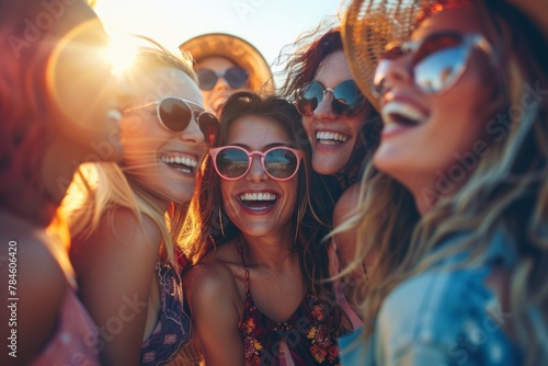 Group of diverse women friends laughing and smiling together at a music festival  enjoying the summer sunshine and positive vibes.