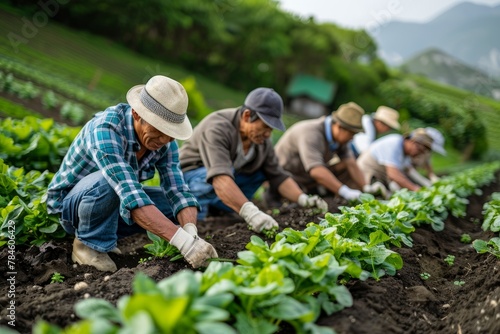 Agricultural workers harvesting crops on farm, rural agricultural scene with farmers picking fresh vegetables in vegetable field surrounded by mountains