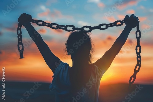 Silhouette of woman breaking free, holding broken chains at sunset. Concept of freedom, strength, and overcoming challenges.