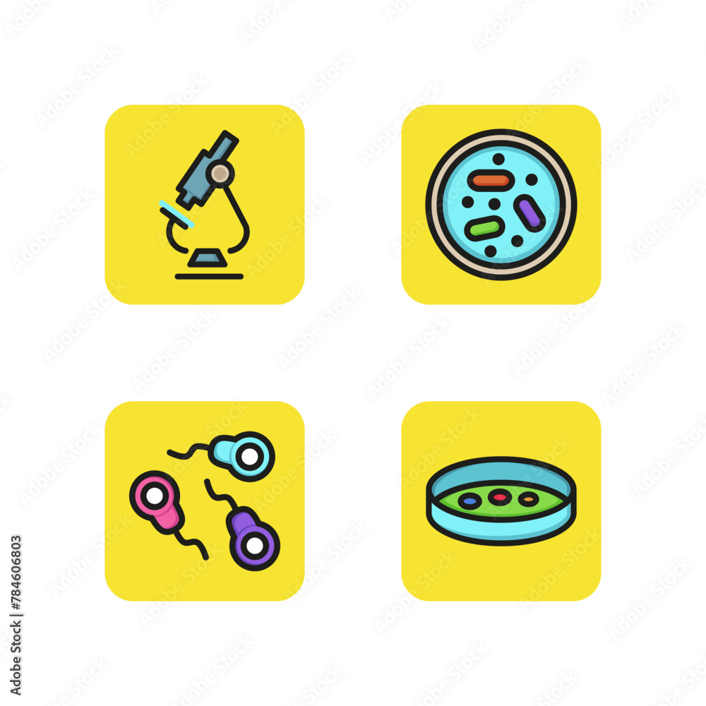 Science line icon set. Microscope, biological sample, growing bacteria