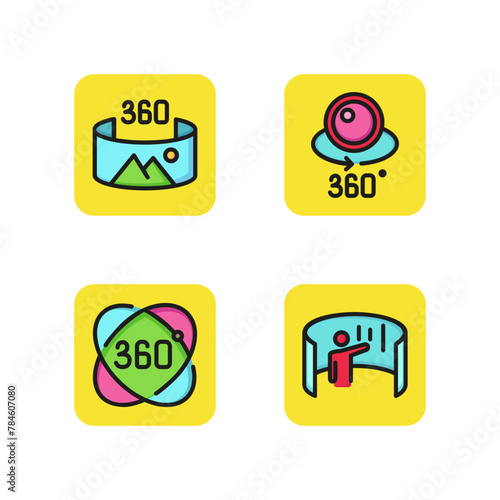 Three dimensional line icon set. 360 degree picture, 3d, rotation, interactive presentation. Virtual reality concept. Can be used for topics like geometry, augmented reality, innovation