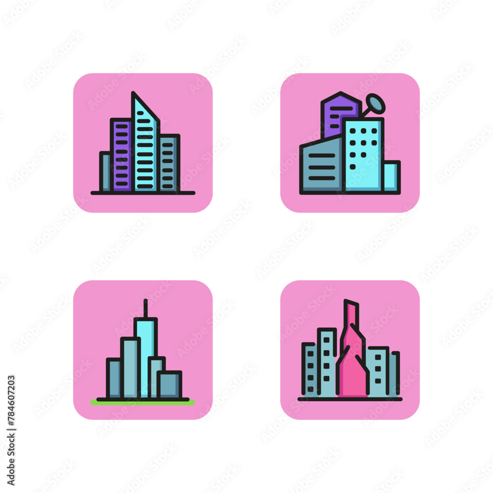 Builldings line icon set. Skyscraper, high-rise office, housing complex, unique construction. Architecture concept. Can be used for topics like real estate, megapolis, urban area Builldings line icon set. Skyscraper, high-rise office, housing complex, unique construction. Architecture concept. Can be used for topics like real estate, megapolis, urban area