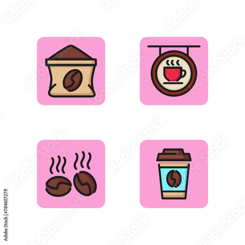 Coffee house line icon set. Coffeepot, pack beans, hot drink decor, aroma, plastic glass takeaway coffee. Hot drink coffee shop concept. Can be used for topics like beverage, service, agriculture