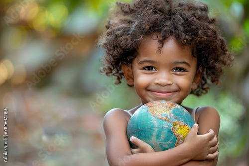 Smiling Girl Child Embraces Globe with Love and Care for Future Generations