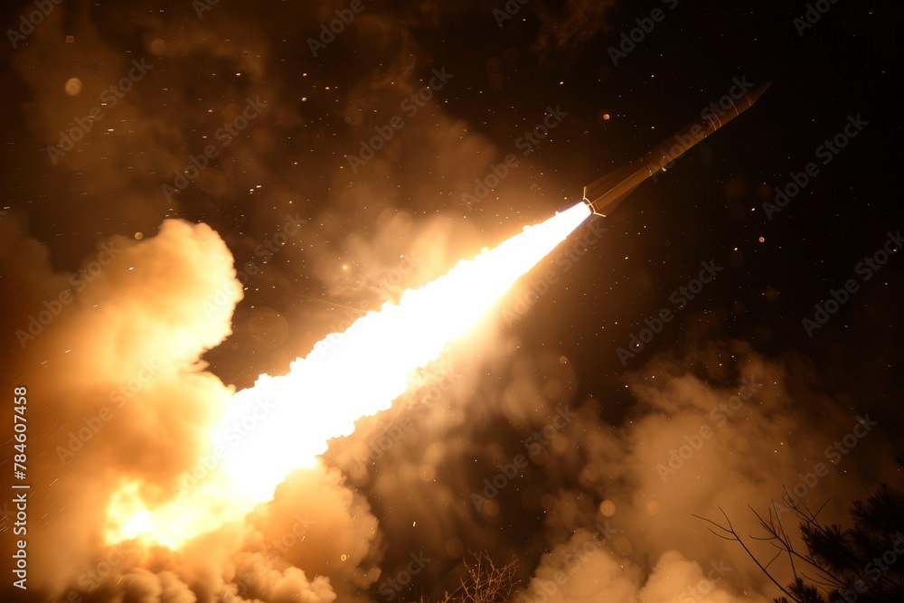 Long range rocket launch at night with fiery exhaust trail and smoke plumes. Concept of space exploration, military power or scientific research Long range rocket launch at night with fiery exhaust trail and smoke plumes. Concept of space exploration, military power or scientific research