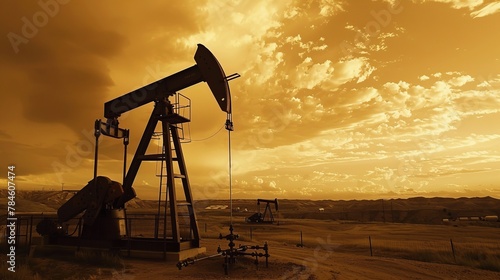 Several oil pump jacks work against a backdrop of a cloud-covered orange sunset, illustrating the persistence of energy extraction in cold conditions