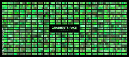 Green, emerald glossy gradient, metal foil texture. Color swatch set. Collection of high quality gradients. Shiny metallic background. Design element. Vector illustration