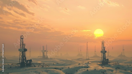 The impact of warfare on oil prices, with oil derricks in a desert illustrating crude oil extraction and the concept of an oil price cap photo