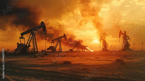 The impact of warfare on oil prices, with oil derricks in a desert illustrating crude oil extraction and the concept of an oil price cap