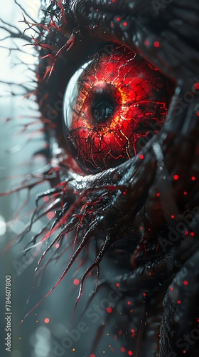 Craft a spine-chilling scene featuring futuristic technologies intertwined with horror elements Emphasize an eye-level angle to immerse viewers Utilize unexpected camera angles to intensify the thrill photo