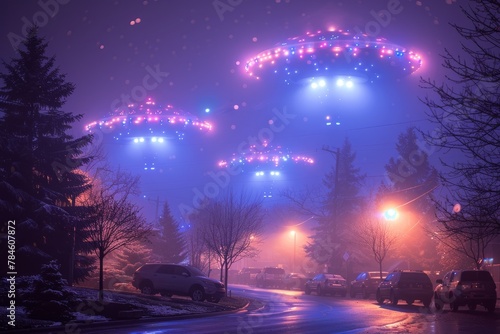 Mesmerizing winter night scene with glowing UFO lights over snowy neighborhood. Concept of alien visitation  extraterrestrial phenomenon  and otherworldly mystery