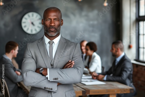 African American businessman standing. Middle-aged man in a tailored gray suit stands, exuding authority, with a team in discussion behind him in a modern workspace.