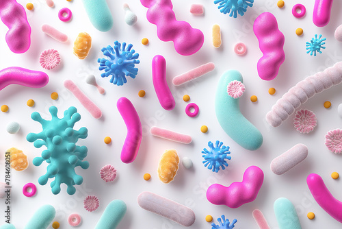 Cute and colorful 3D bacteria and microorganism. Colorful abstract background of microscopic bacteria and microorganism cells