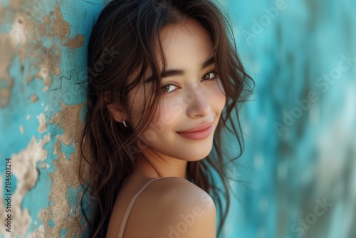 Young Asian model smiles at the camera. Woman with a beguiling smile and shoulder-skimming hair poses,  curled tresses and an infectious grin in front of a patterned azure backdrop. photo