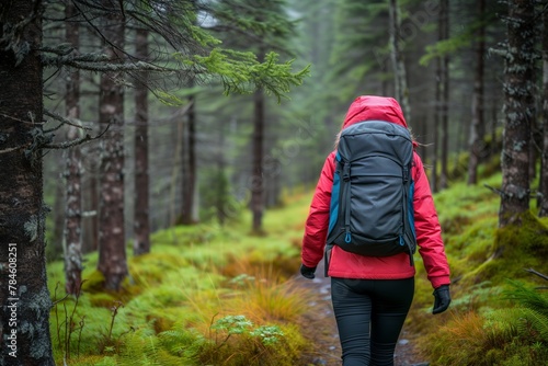 Lifestyle adventure in the great outdoors, Hiking through lush forests, Adventurer in red traverses misty forest trail, immersed in nature's quiet, backpack symbolizing journey into wilderness. © N Joy Art 