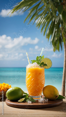 Mango iced cocktail with lime and mint. Summer refreshing mango beverage, drink, juice or smoothie with ice