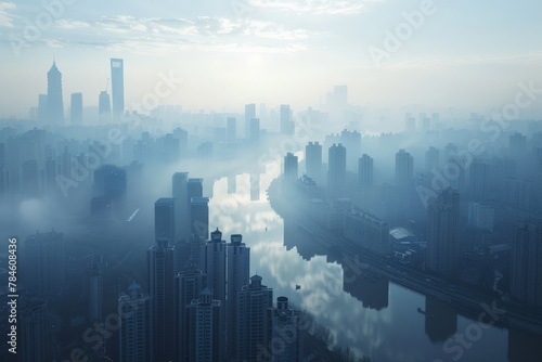 Integration of PM 2.5 filtering systems into city infrastructure,  Early morning cityscape immersed in haze. towering skyscrapers silhouette against brightening sky, reflections in calm river below, photo