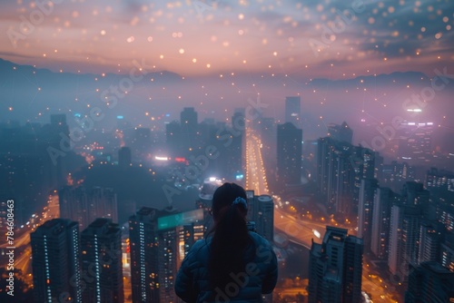 Integration of PM 2.5 filtering systems into city infrastructure, Figure stands overlooking night city, back turned, engulfed in digital glow; lights streak below amidst high-rises,