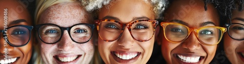 A joyful group portrait of young women wearing a variety of colorful glasses  showcasing diversity and individuality