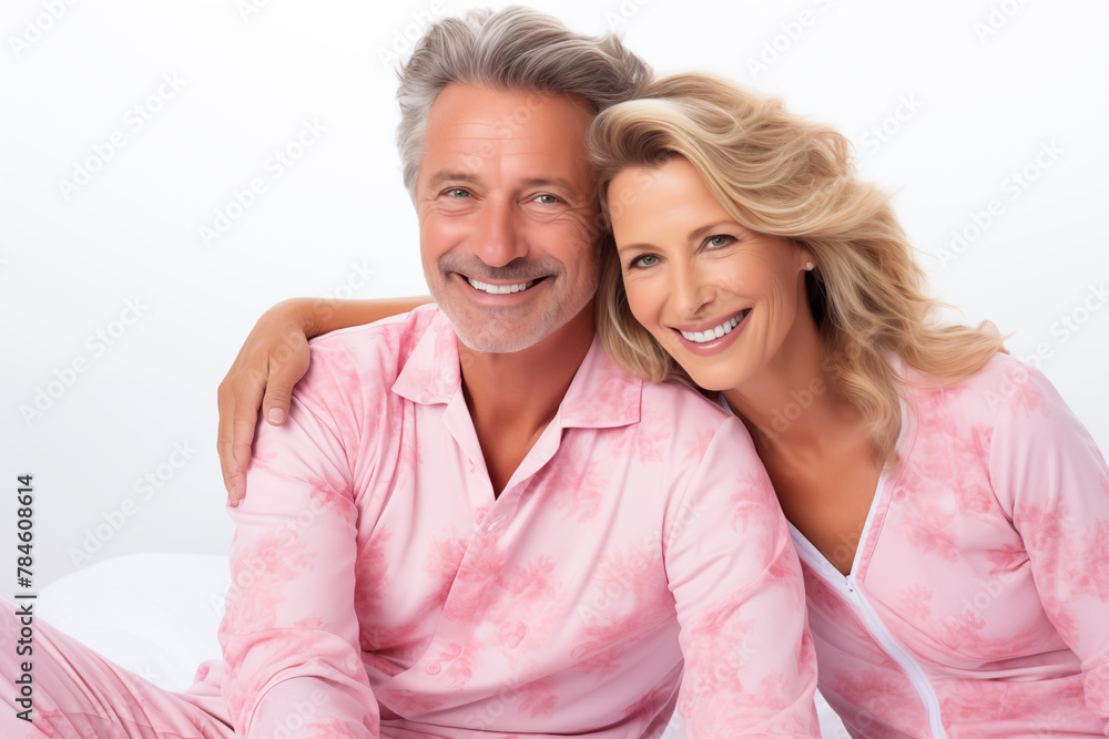 Middle aged couple over isolated white background in pajamas Middle aged couple over isolated white background in pajamas