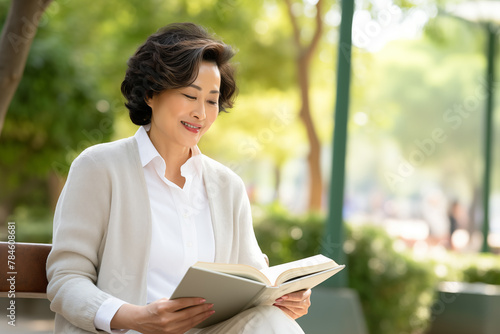 Middle aged Chinese woman at outdoors holding a book