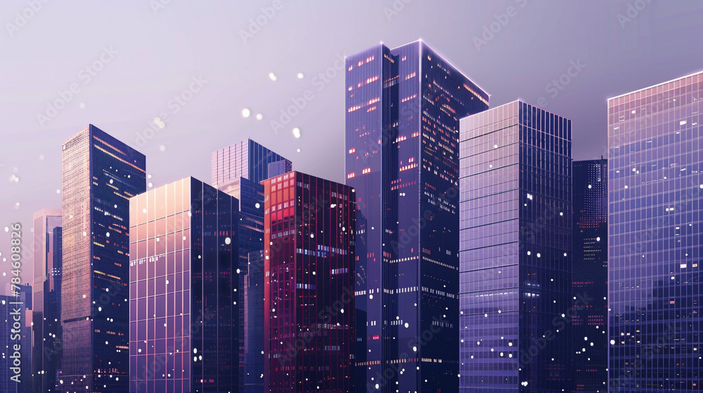 Digital cityscape at dusk, navy and maroon high-rises ascend into a purple-gray sky, punctuated by silver lights like stars.